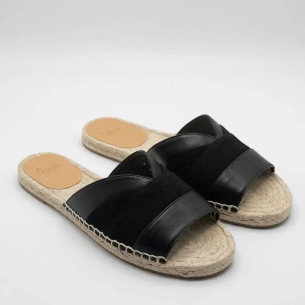 Castañer Pasi Black Leather Espadrille Slides Flat Sandals Size 5 Summer Chic